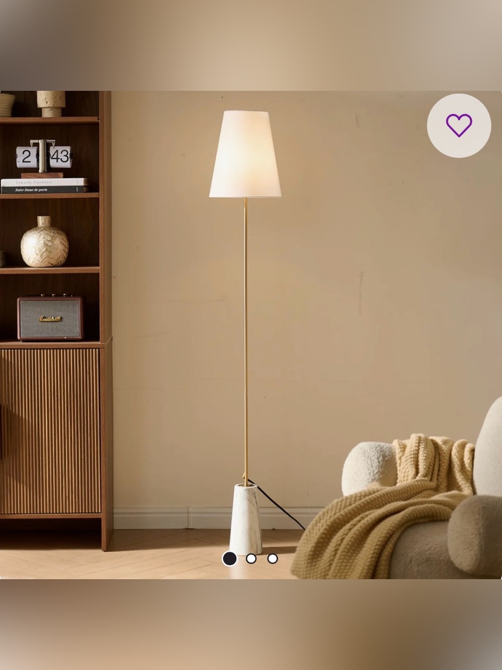 Amelia Contemporary Floor Lamp with Tapered Shade, Marble-Patterned Base and Foo